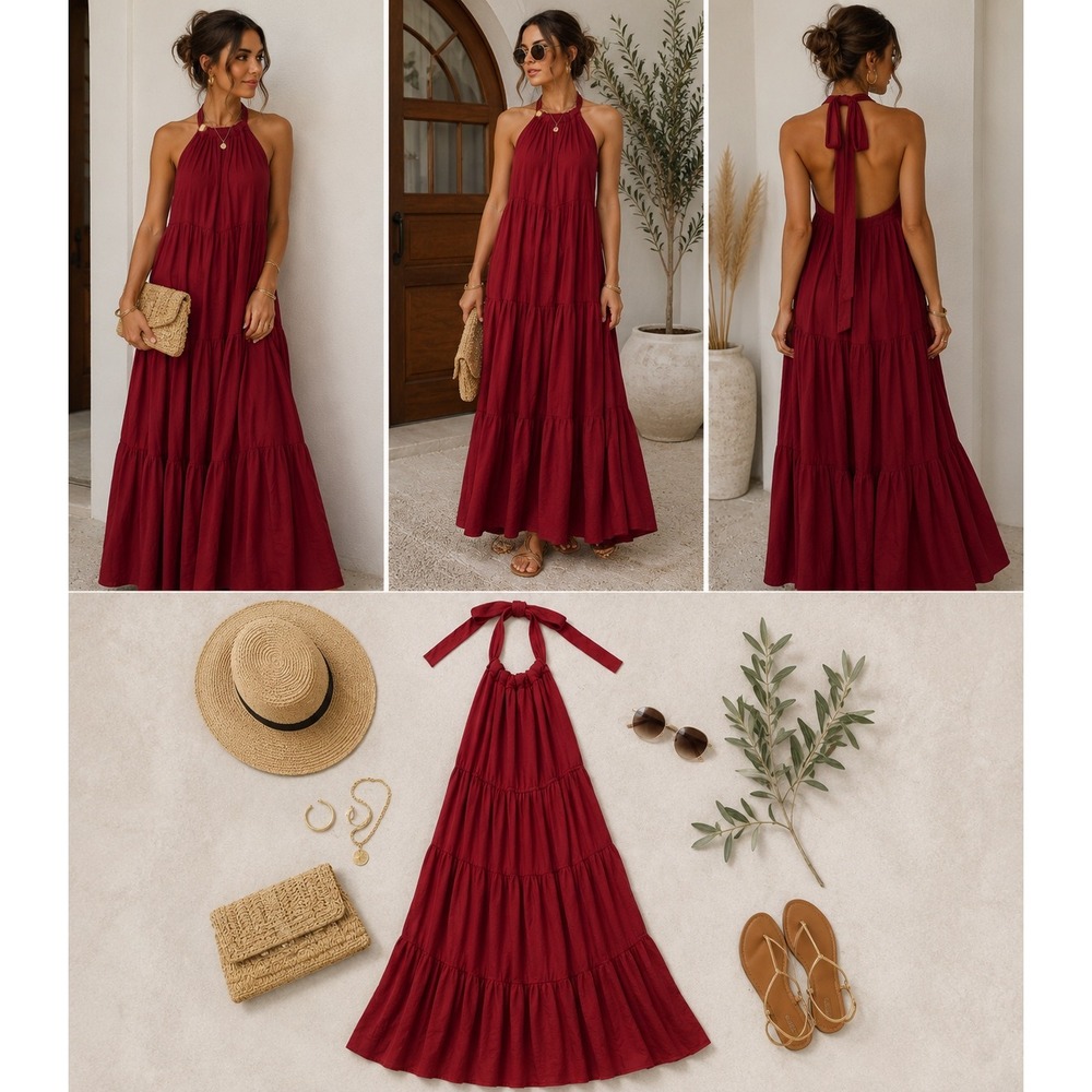 Aakaa Red Halter Neck Tiered Maxi Dress Open Back Boho Small DA25104Y
